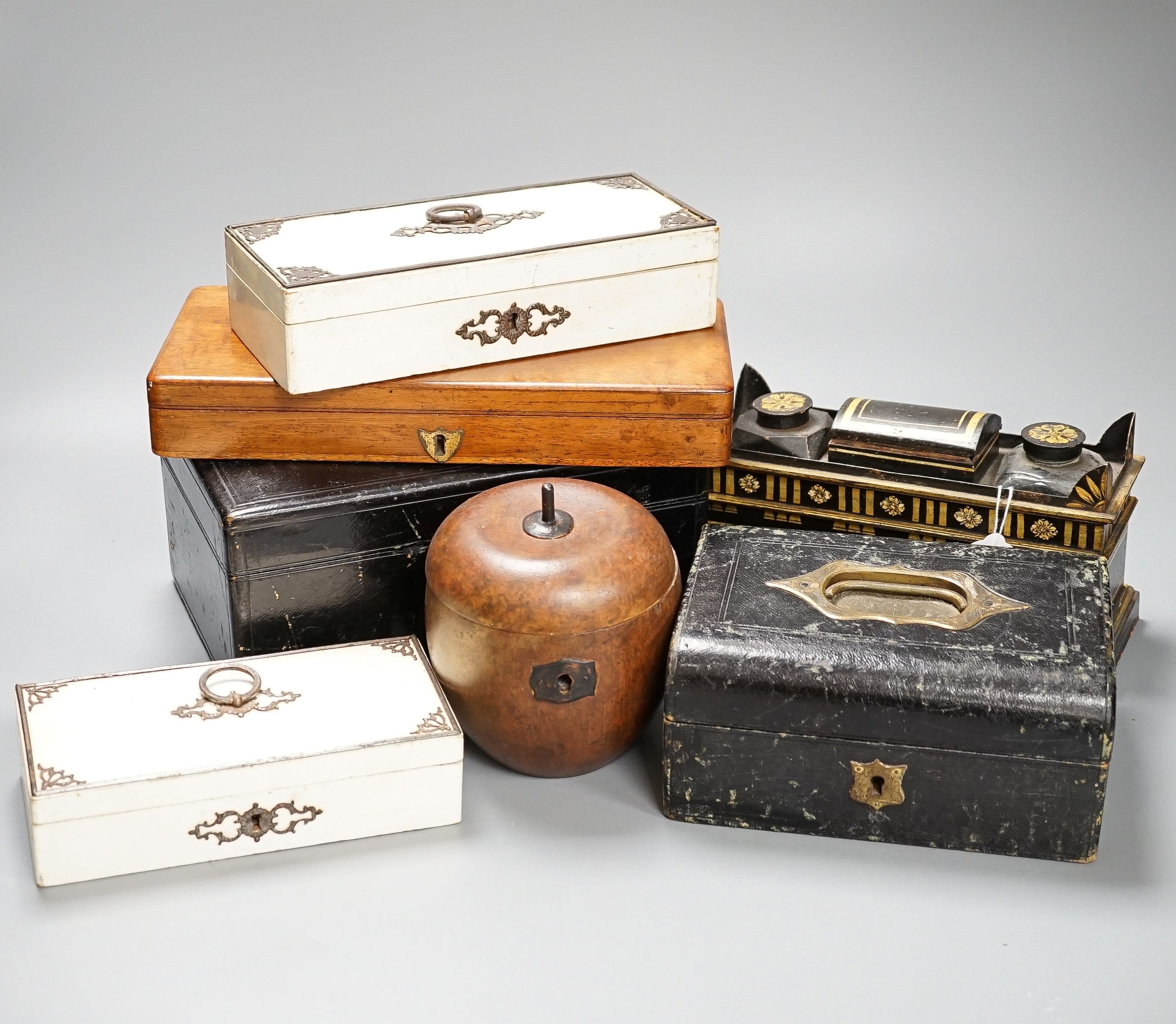 A Victorian Grecian revival toleware inkstand, width 20cm height 12cm, together with various pen boxes and Morocco leather covered boxes